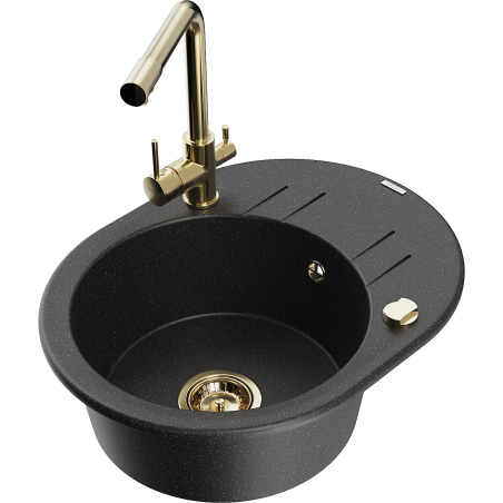 Mexen Kevin granitinė kriauklė su viena kamera, nutašku ir virtuviniu maišytuvu Duero, juoda/sidabrinis metalikas