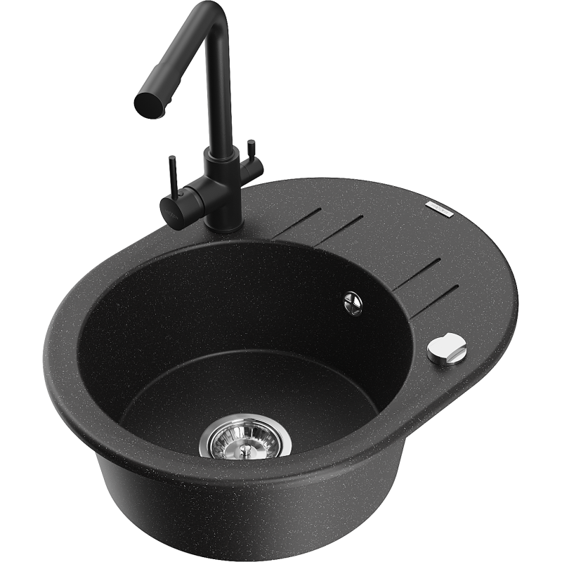 Mexen Kevin granitinė vienos kameros kriauklė su nusausintuvu ir virtuvės maišytuvu Duero, juodai sidabrinis metalikas