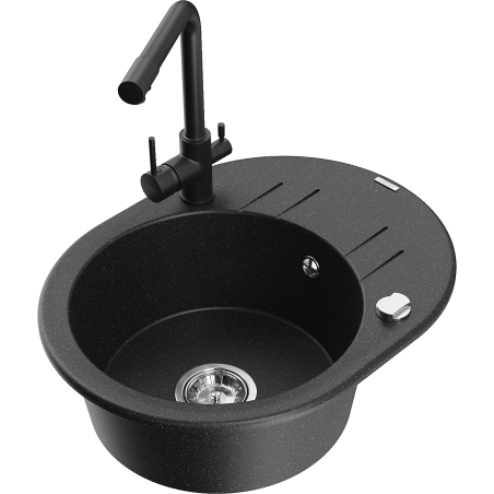 Mexen Kevin granitinė vienos kameros kriauklė su nusausintuvu ir virtuvės maišytuvu Duero, juodai sidabrinis metalikas