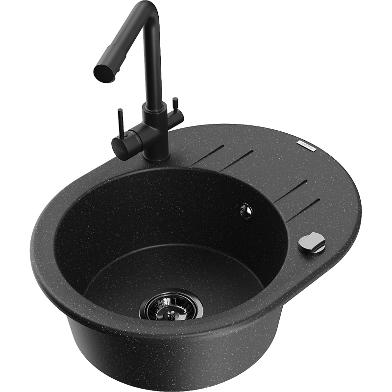 Mexen Kevin vienos kameros granito kriauklė su nusausintuvu ir virtuvės maišytuvu Duero, juodas/sidabrinis metalo atspalvis