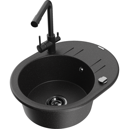 Mexen Kevin vienos kameros granito kriauklė su nusausintuvu ir virtuvės maišytuvu Duero, juodas/sidabrinis metalo atspalvis