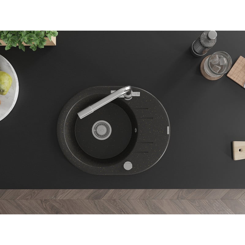 Mexen Kevin granitinė 1 kamerų kriauklė su nusausintuvu ir virtuvės maišytuvu Duero, juodas/auksinis metalikas