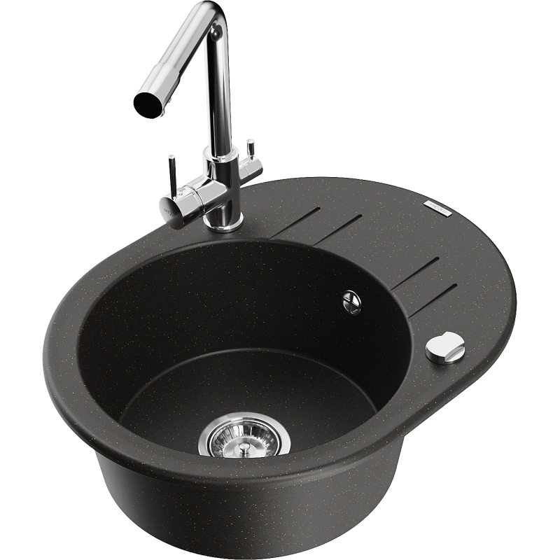 Mexen Kevin granitinė 1 kamerų kriauklė su nusausintuvu ir virtuvės maišytuvu Duero, juodas/auksinis metalikas