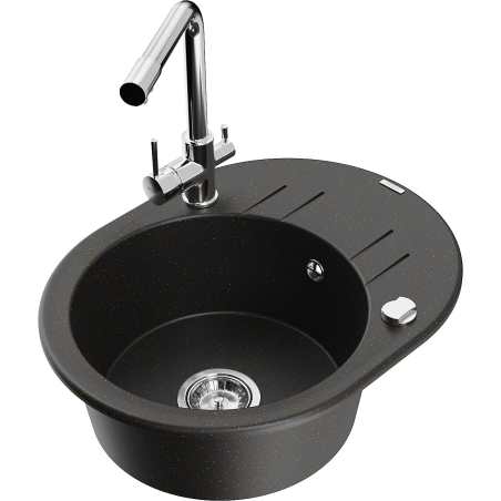 Mexen Kevin granitinė 1 kamerų kriauklė su nusausintuvu ir virtuvės maišytuvu Duero, juodas/auksinis metalikas