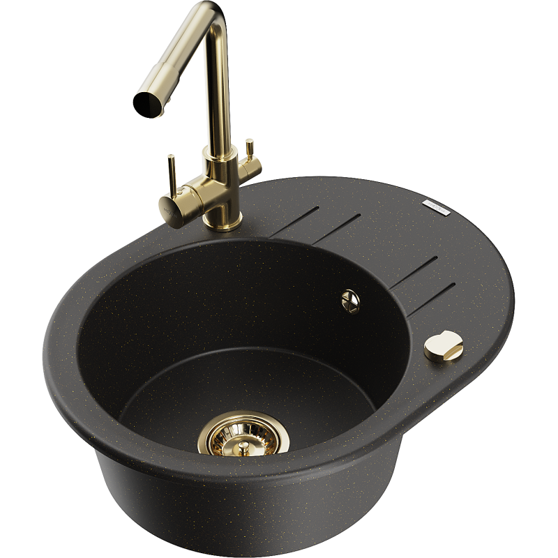 Mexen Kevin granitinė vieno dubens plautuvė su nešvarumų sietu ir virtuviniu maišytuvu Duero, juoda/auksinė metalikas