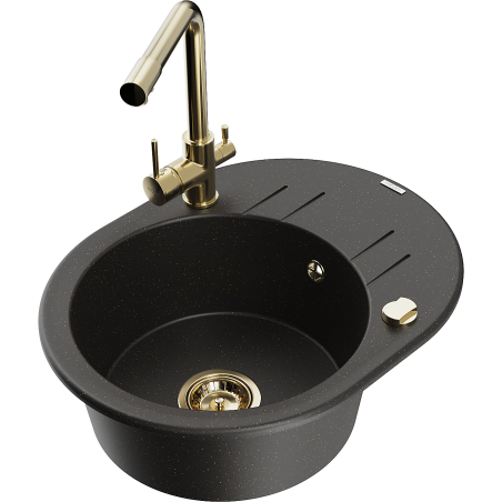 Mexen Kevin granitinė vieno dubens plautuvė su nešvarumų sietu ir virtuviniu maišytuvu Duero, juoda/auksinė metalikas