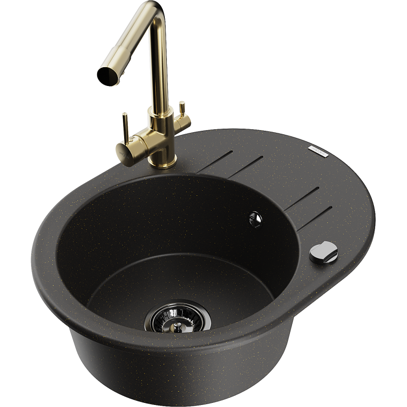 Mexen Kevin granitinė kriauklė su vienu skyriumi, nusausinimo vieta ir Duero virtuvės maišytuvu, juoda/auksinė metalo