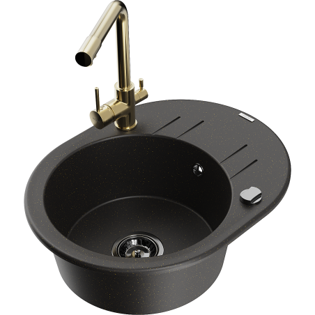 Mexen Kevin granitinė kriauklė su vienu skyriumi, nusausinimo vieta ir Duero virtuvės maišytuvu, juoda/auksinė metalo