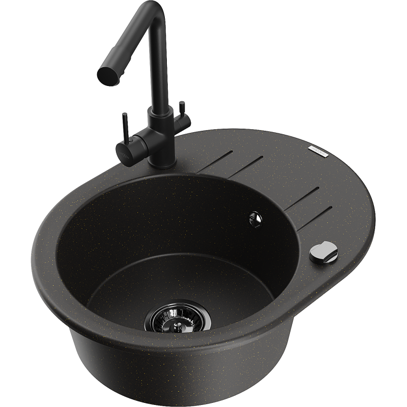 Mexen Kevin vienos kvadrato plautuvė iš granito su nusausėjimo zona ir virtuvės maišytuvu Duero, juoda/auksinė metalika