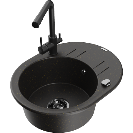 Mexen Kevin vienos kvadrato plautuvė iš granito su nusausėjimo zona ir virtuvės maišytuvu Duero, juoda/auksinė metalika