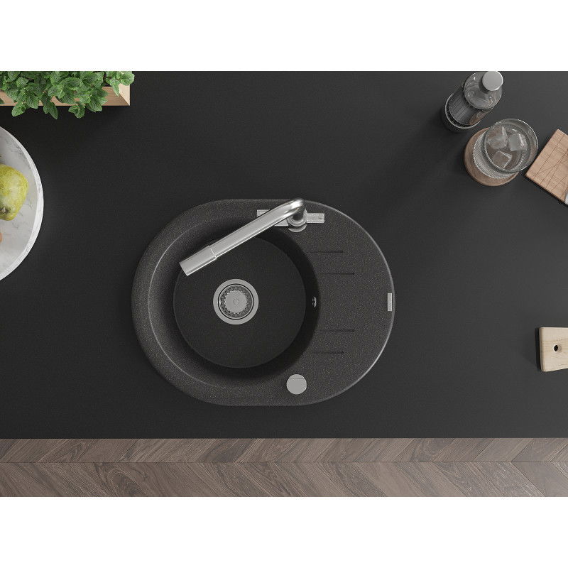 Mexen Kevin granitinė vienos talpos kriauklė su nusausintoju ir virtuviniu maišytuvu Duero, juoda dėmelėta - 6517-76-671600-00