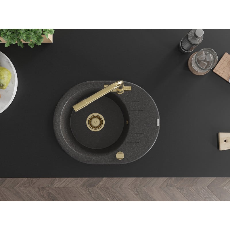 Mexen Kevin granitinė plautuvė su viena sekcija, nusausinimo lentyna ir virtuviniu maišytuvu Duero, juoda su dėmelėmis