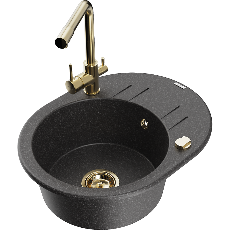 Mexen Kevin granitinė plautuvė su viena sekcija, nusausinimo lentyna ir virtuviniu maišytuvu Duero, juoda su dėmelėmis