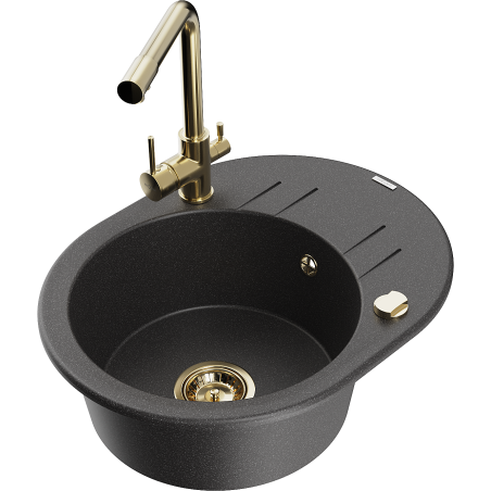 Mexen Kevin granitinė plautuvė su viena sekcija, nusausinimo lentyna ir virtuviniu maišytuvu Duero, juoda su dėmelėmis