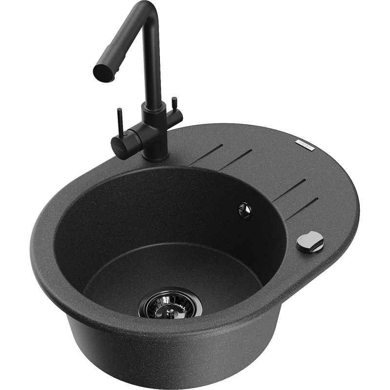 Mexen Kevin vienos kameros granitinė kriauklė su nutekėjimu ir virtuviniu maišytuvu Duero, juoda dėmėta