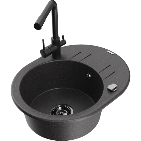 Mexen Kevin vienos kameros granitinė kriauklė su nutekėjimu ir virtuviniu maišytuvu Duero, juoda dėmėta