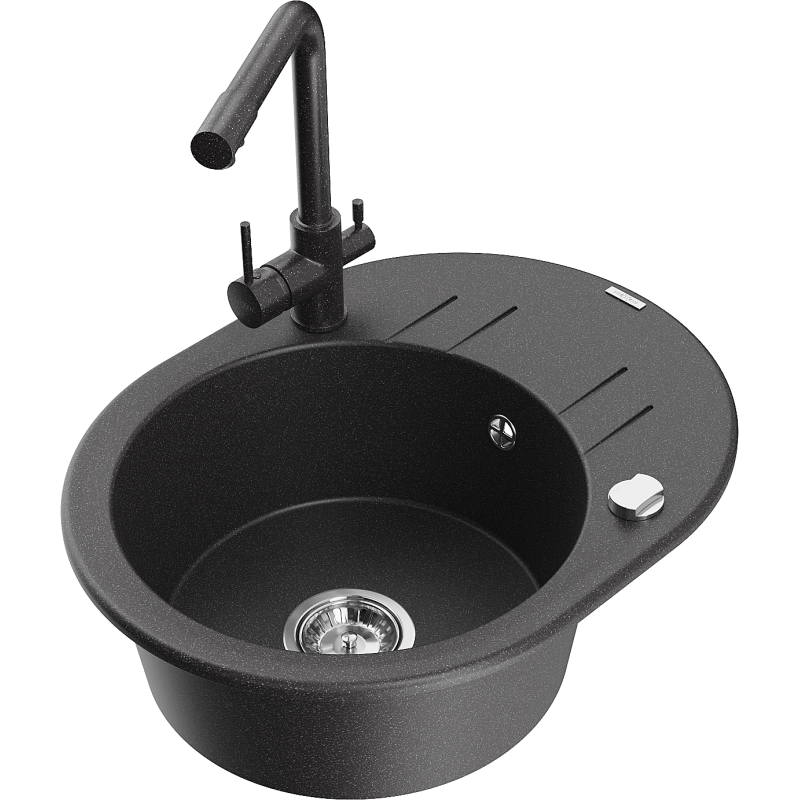 Mexen Kevin granitinė vienos kameros kriauklė su nusausinimo vieta ir virtuviniu maišytuvu Duero, juoda dėmėta