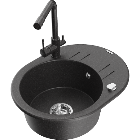 Mexen Kevin granitinė vienos kameros kriauklė su nusausinimo vieta ir virtuviniu maišytuvu Duero, juoda dėmėta