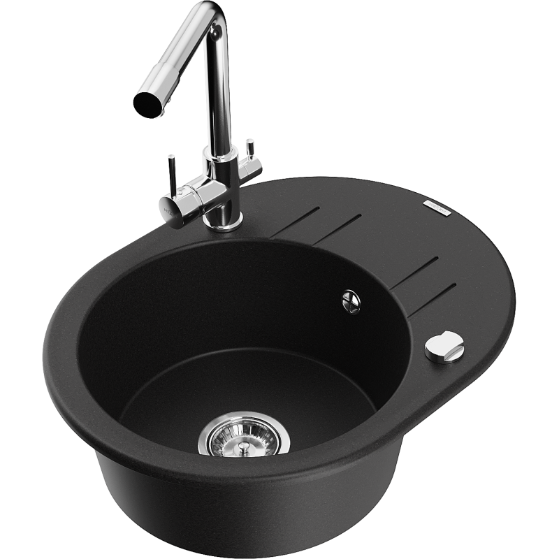 Mexen Kevin vienos talpos granito kriauklė su nutekėjimo paviršiumi ir virtuviniu maišytuvu Duero, juoda - 6517-77-671600-00