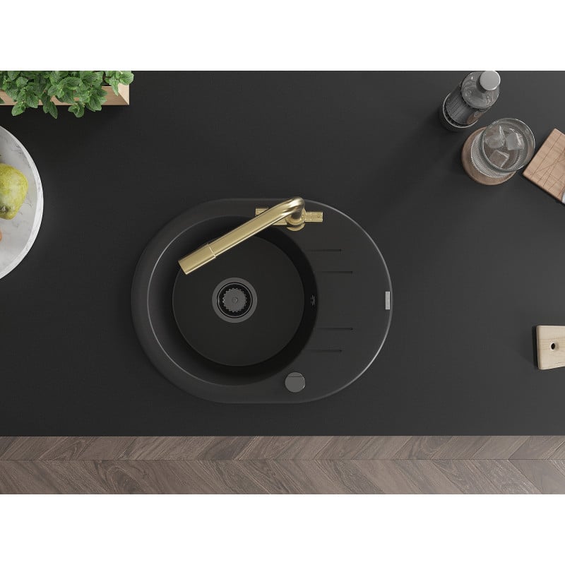 Mexen Kevin granitinė vienos plautuvės kriauklė su laikikliu ir virtuviniu maišytuvu Duero, juodas - 6517-77-671600-50-B