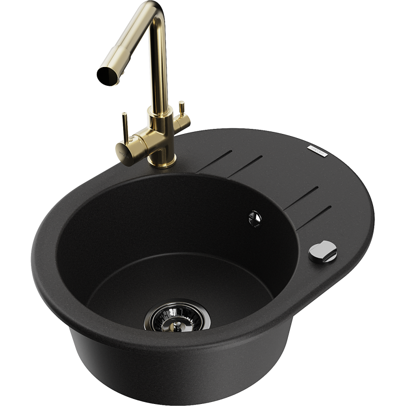 Mexen Kevin granitinė vienos plautuvės kriauklė su laikikliu ir virtuviniu maišytuvu Duero, juodas - 6517-77-671600-50-B