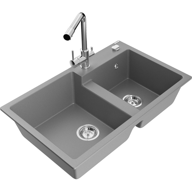 Mexen Tomas dviejų kamerų granito plautuvė su Duero virtuviniu maišytuvu, pilka - 6516-71-671600-00