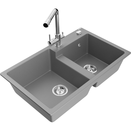 Mexen Tomas dviejų kamerų granito plautuvė su Duero virtuviniu maišytuvu, pilka - 6516-71-671600-00