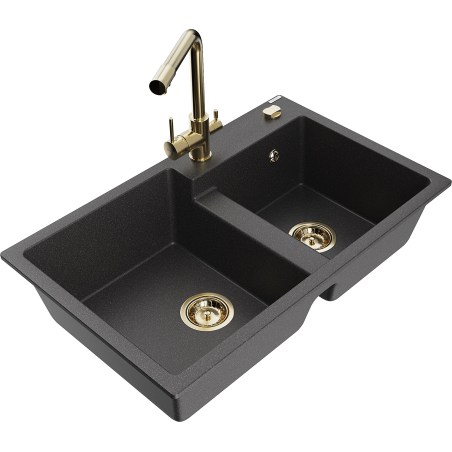 Mexen Tomas granitinė dviejų skyčių kriauklė su virtuviniu maišytuvu Duero, juoda taškuota - 6516-76-671600-50