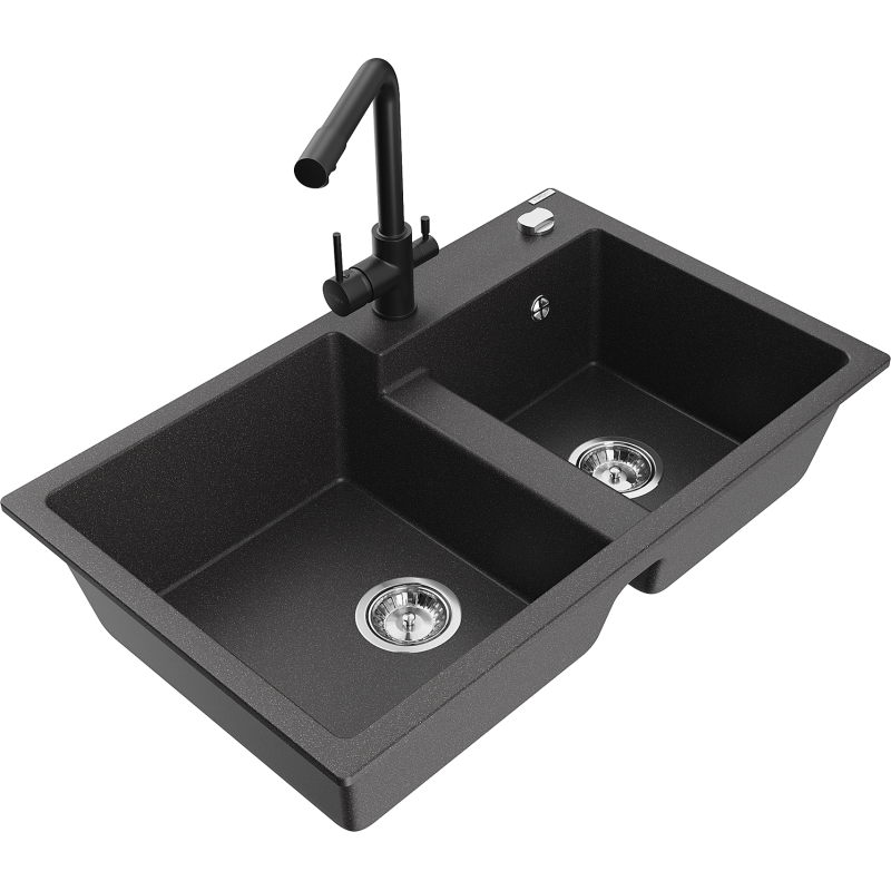 Mexen Tomas dviejų skyrių granito plautuvė su Duero virtuviniu maišytuvu, juoda su taškeliais - 6516-76-671600-70