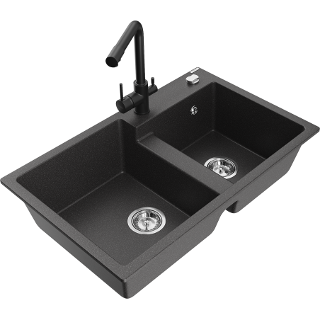 Mexen Tomas dviejų skyrių granito plautuvė su Duero virtuviniu maišytuvu, juoda su taškeliais - 6516-76-671600-70