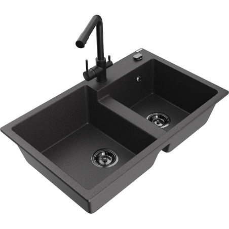 Mexen Tomas dviejų skylių granitinis plautuvės komplektas su maišytuvu Duero, juodas taškuotas - 6516-76-671600-70-B