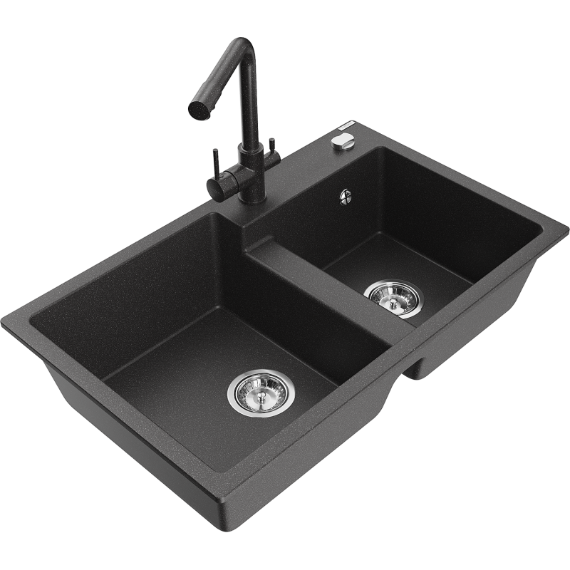Mexen Tomas granitinė dviejų skyrių kriauklė su Duero virtuviniu maišytuvu, juoda dėmėta - 6516-76-671600-76