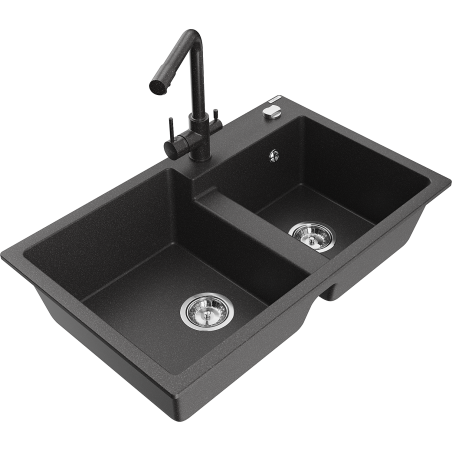 Mexen Tomas granitinė dviejų skyrių kriauklė su Duero virtuviniu maišytuvu, juoda dėmėta - 6516-76-671600-76
