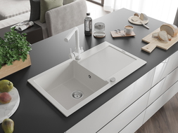 Mexen Leo granitinis plautuvė vienkomorinis su nusausintuvu ir virtuviniu maišytuvu Duero, baltas - 6501-20-671600-20