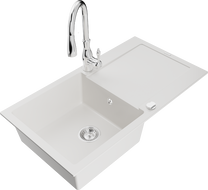 Mexen Leo granitinė plautuvė su viena kamera ir nusausintuvu bei virtuviniu maišytuvu Savita, balta - 6501-20-672601-00