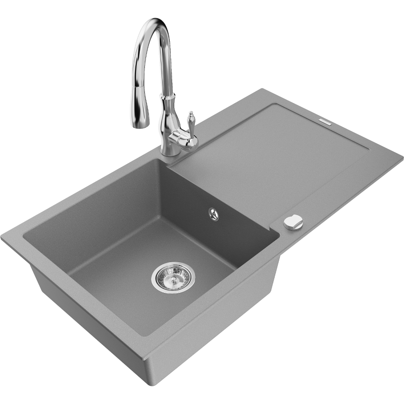 Mexen Leo akmens masės virtuvinis plautuvė su sausinimo lentyna ir maišytuvu Savita, pilka - 6501-71-672601-00