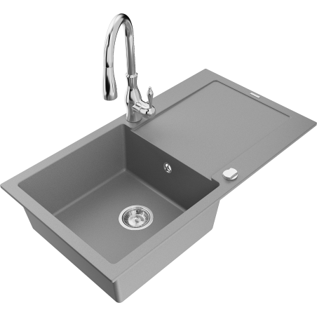 Mexen Leo akmens masės virtuvinis plautuvė su sausinimo lentyna ir maišytuvu Savita, pilka - 6501-71-672601-00