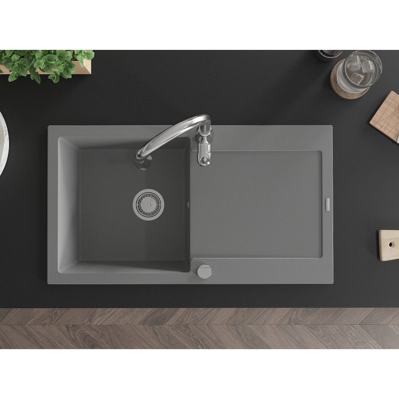 Mexen Leo akmens masės virtuvinis plautuvė su sausinimo lentyna ir maišytuvu Savita, pilka - 6501-71-672601-00