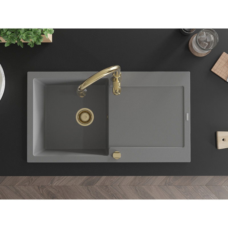 Mexen Leo granitinis plautuvės 1 skyrius su drenažu ir virtuviniu maišytuvu Savita, pilkas - 6501-71-672601-50