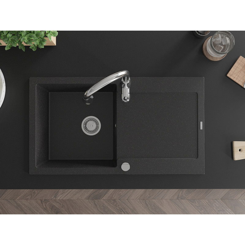 Mexen Leo granitinė vienos kameros kriauklė su indų džiovykla ir virtuviniu maišytuvu Savita, juoda/sidabrinio metalo