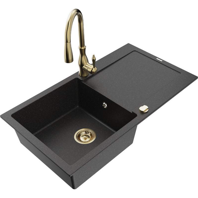 Mexen Leo granitinė vienos kameros kriauklė su nusausintuvu ir virtuviniu maišytuvu Savita, juoda/sidabrinis metalikas