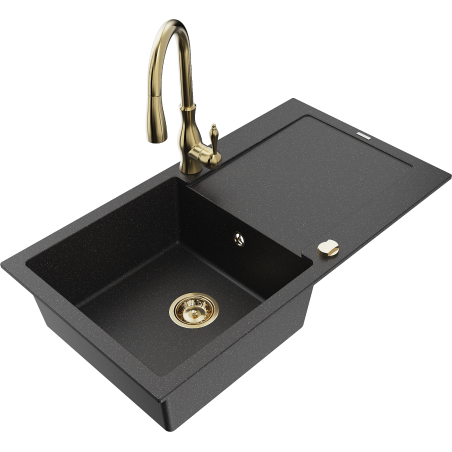 Mexen Leo granitinė vienos kameros kriauklė su nusausintuvu ir virtuviniu maišytuvu Savita, juoda/sidabrinis metalikas