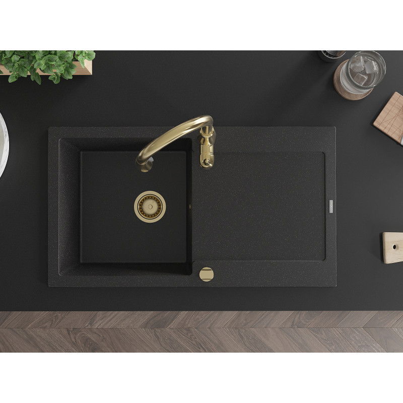 Mexen Leo granitinė vienos kameros kriauklė su nusausintuvu ir virtuviniu maišytuvu Savita, juoda/sidabrinis metalikas