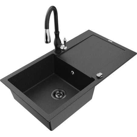 Mexen Leo granitinė 1-skyrių kriauklė su nutekėtuvo ir virtuvės maišytuvu Savita, juoda/sidabrinis metalikas