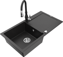 Mexen Leo granito plautuvė 1-skyrius su drenažu ir virtuviniu maišytuvu Savita, juodas/sidabrinis metalikas - 6501-73-672601-70