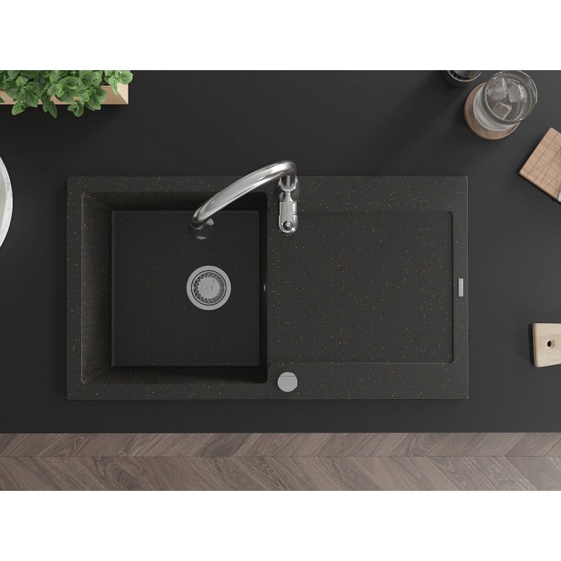 Mexen Leo granitinė vienos kameros plautuvė su nubėgėjančiu paviršiumi ir Savita virtuviniu maišytuvu, juoda/auksinis