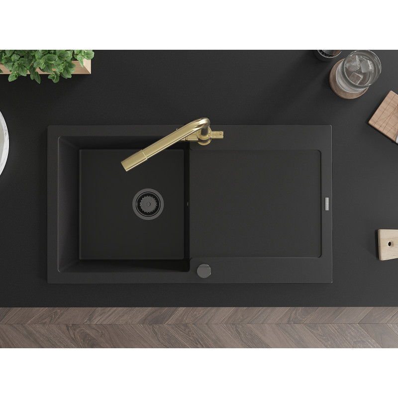 Mexen Leo vienos kameros granitinė plautuvė su nubėgimo zona ir Duero virtuviniu maišytuvu, juoda - 6501-77-671600-50