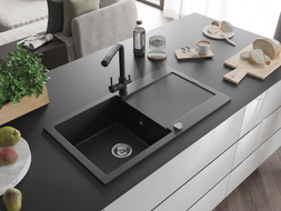 Mexen Leo granitinė vienos sekcijos plautuvė su nutekėjimu ir virtuviniu maišytuvu Duero, juoda - 6501-77-671600-70