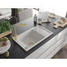 Mexen Elias granitinė vienos kameros kriauklė su nutekamu ir virtuviniu maišytuvu Duero, balta - 6511-20-671600-50
