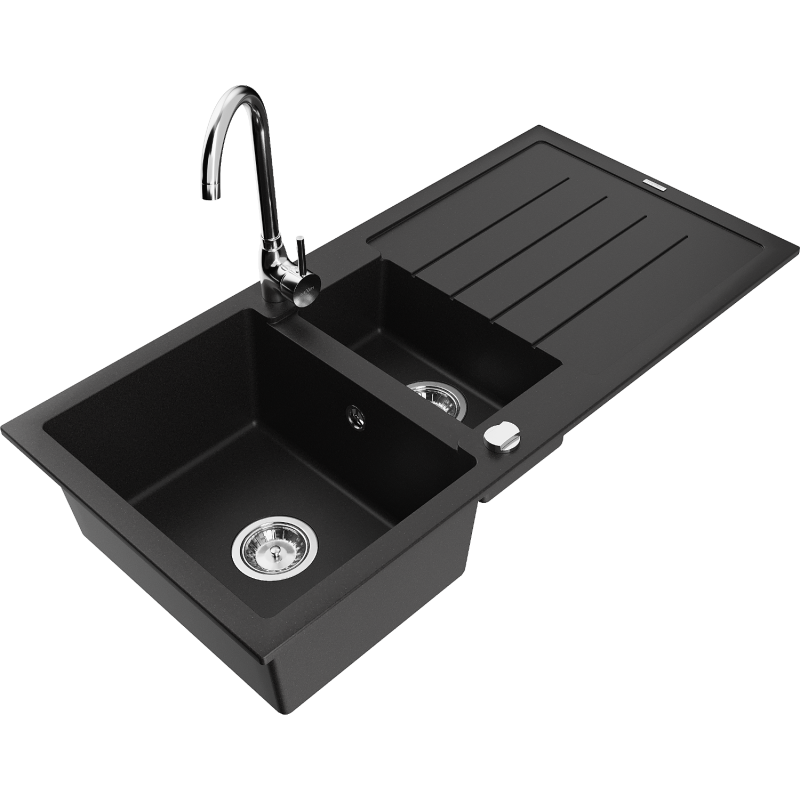 Mexen Andres granitinė plautuvė 1,5 skylių su lašintuvu ir virtuviniu maišytuvu Telma, juoda - 6515-77-670200-00